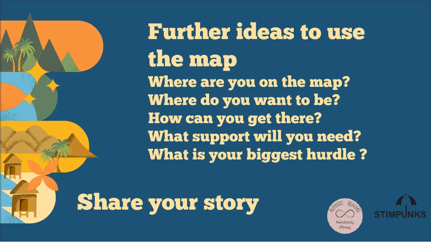 A slide headed "Further ideas to use the map", asking: where are you on the map? Where do you want to be? How can you get there? What support will you need? What is your biggest hurdle? It closes with an invitation to share your story.