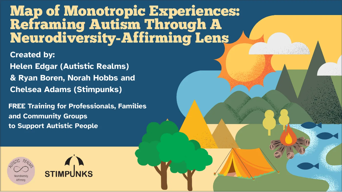 Title slide. "Map of Monotropic Experiences: Reframing Autism Through A Neurodiversity-Affirming Lens." Created by Helen Edgar (Autistic Realms) and Ryan Boren, Norah Hobbs and Chelsea Adams (Stimpunks). Free training for professionals, families and community groups to support Autistic people. An illustrated landscape of tents, a campfire, trees, mountains and a river under a large sun.